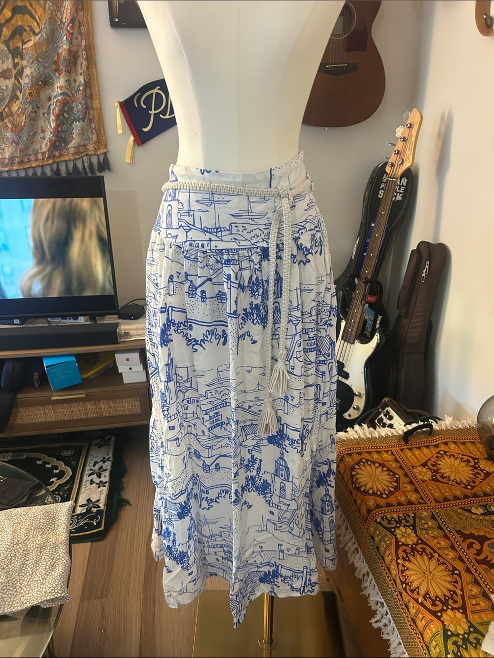 Calypso St. Barth White Midi Skirt with Blue Scenic Print